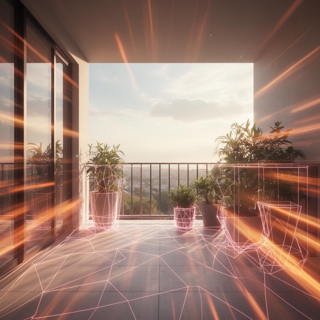 AI scan of a balcony with wireframe overlays of plants and railing